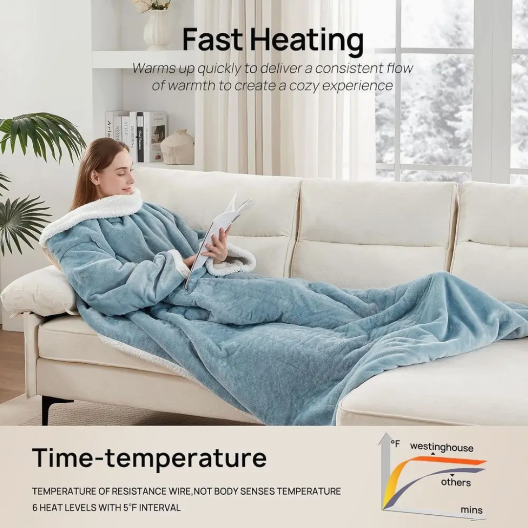 Ultra-Soft Wearable Blanket with Sleeves & Foot Pocket – 6 Heat Levels